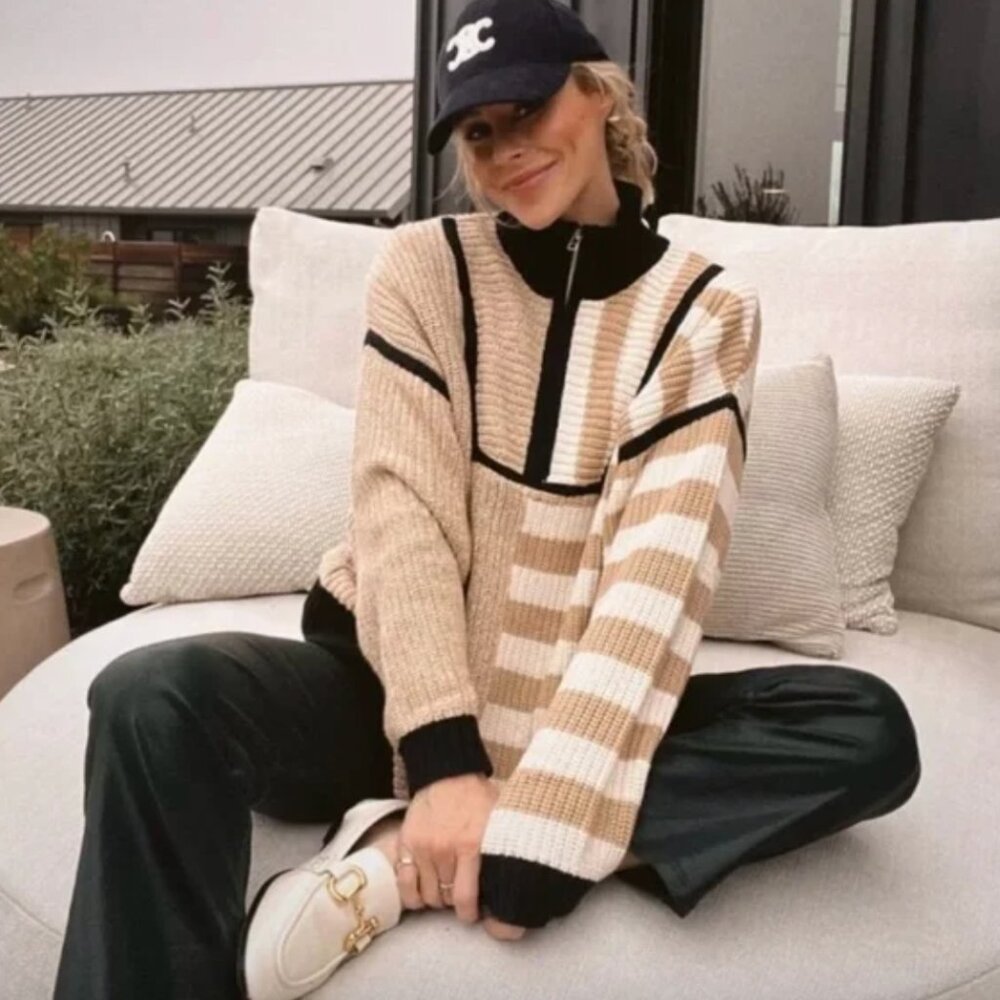 NWT STAUD Hampton Sweater Sahara Stripe s small quarter zip tan white black